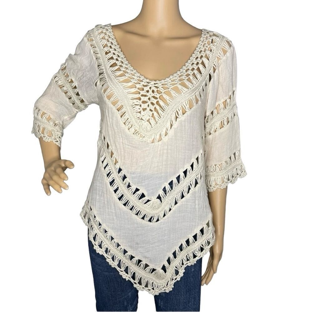 Geegee Crochet Lace 3/4 Sleeve Sheer Boho Blouse Cream Size Medium